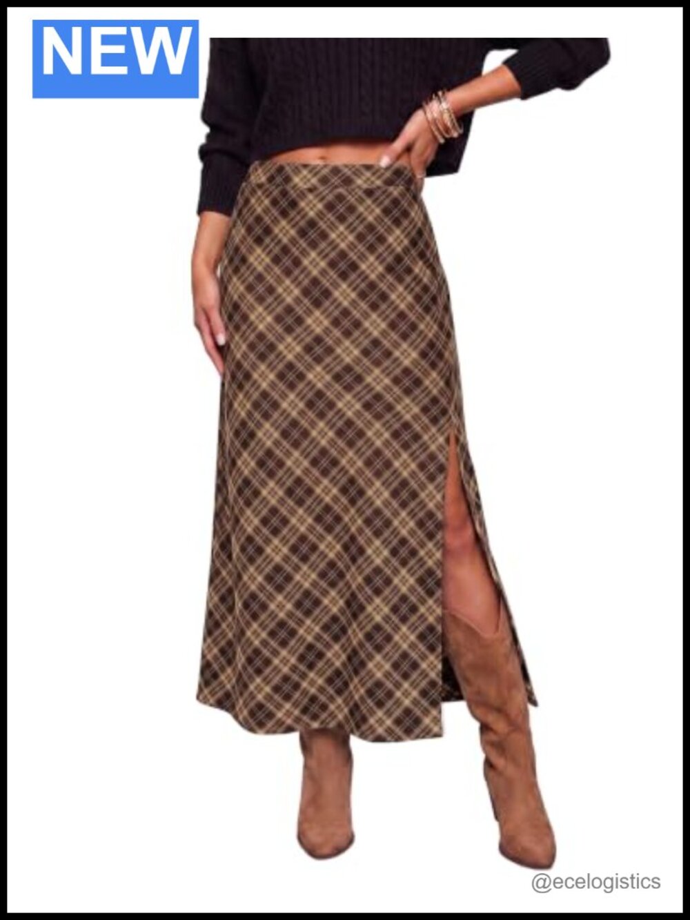Plaid Maxi Skirt for Women Trendy A-Line Long Side Slit High Rise